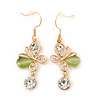 Clear Crystal, Light Green Cat Eye Stone Butterfly Drop Earrings In Gold Plating - 50mm Length