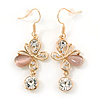 Clear Crystal, Light Pink Cat Eye Stone Butterfly Drop Earrings In Gold Plating - 50mm Length