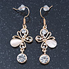 Clear Crystal, Milky White Cat Eye Stone Butterfly Drop Earrings In Gold Plating - 50mm Length