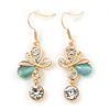 Clear Crystal, Light Blue Cat Eye Stone Butterfly Drop Earrings In Gold Plating - 50mm Length