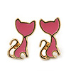 Children's/ Teen's / Kid's Small Pink Enamel 'Kitty' Stud Earrings In Gold Plating - 12mm Length