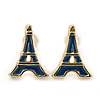 Children's/ Teen's / Kid's Small Navy Blue Enamel 'Eiffel Tower' Stud Earrings In Gold Plating - 12mm Length