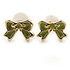 Children's/ Teen's / Kid's Tiny Olive Green Enamel 'Bow' Stud Earrings In Gold Plating - 7mm Length