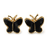 Children's/ Teen's / Kid's Small Black Enamel 'Butterfly' Stud Earrings In Gold Plating - 9mm Length