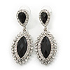 Prom/ Bridal Diamante Black/ Clear Oval Drop Earrings In Rhodium Plating - 50mm Length