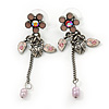 Vintage Inspired Pink Enamel Freshwater Pearl 'Flower & Ladybug' Drop Earrings In Antique Silver Tone - 50mm Length