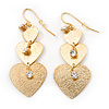 Gold Tone Textured Diamante Triple Heart Drop Earrings - 50mm Length