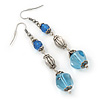 Long Blue Acrylic Bead Linear Drop Earrings In Antique Silver Metal - 75mm Length