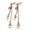 Gold Tone Pink Simulated Pearl, Enamel Flower Double Chain Dangle Earrings - 60mm L