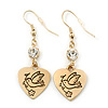 Gold Plated Heart With Dove, Crystal Drop Earrings - 50mm Length