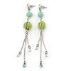 Long Light Green Fabric, Light Blue Glass Bead Chain Dangle Earrings In Silver Tone - 11cm Length