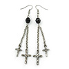 Long Vintage Inspired Chain Cross Dangle Earrings In Antique Silver Metal - 95mm Length