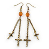 Long Vintage Inspired Chain Cross Dangle Earrings In Burn Gold Metal - 95mm Length