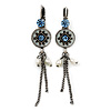Vintage Inspired Blue Crystal, Freshwater Pearl, Chain Drop Earrings In Burn Silver With Leverback Closure - 50mm Length