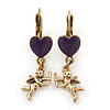 Vintage Inspired Gold Tone Purple Enamel Heart, Angel Drop Earrings With Leverback Closure - 40mm Length