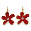 Gold Plated Red Enamel 'Daisy' Drop Earrings With Leverback Closure - 30mm Length