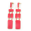 Long Pink Enamel Geometric Drop Earrings In Gold Plating - 90mm Length