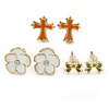 Children's/ Teen's / Kid's Green Bow, White Flower, Orange Cross Stud Earring Set In Gold Tone - 6-12mm