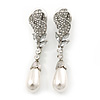 Bridal, Prom, Wedding Austrian Crystal, White Simulated Glass Pearl 'Rose' Drop Earrings In Rhodium Plating - 60mm Length