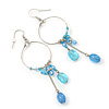 Silver Tone Light Blue Glass Bead Charm Hoop Earrings - 95mm Length