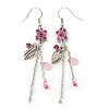 Pink Enamel Flower, Acrylic Bead Chain Dangle Earrings In Silver Tone - 8cm Length