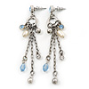Vintage Inspired Freshwater Pearl, Light Blue Crystal Chain Tassel Drop Earrings In Silver Tone - 75mm L