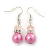 Pink Simulated Pearl, Crystal Drop Earrings In Rhodium Plating - 40mm Length