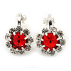 Small Red, Clear Crystal Floral Clip On Earrings In Silver Tone - 15mm L