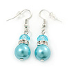 Light Blue Simulated Glass Pearl, Crystal Drop Earrings In Rhodium Plating - 40mm Length