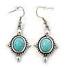 Vintage Inspired Turquoise Stone Oval Drop Earrings In Antique Silver Tone - 45mm Length