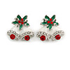 Christmas 'Jingle Bells' Red/ Clear Crystal, White/Green Enamel Stud Earrings In Rhodium Plating - 20mm Width
