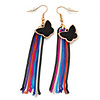 Black Enamel Butterfly & Multicoloured Chain Dangle Earrings In Gold Plating - 85mm Length