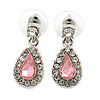 Small Pink, Clear Crystal Teardrop Earrings In Rhodium Plating - 25mm Length