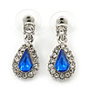 Small Blue, Clear Crystal Teardrop Earrings In Rhodium Plating - 25mm Length