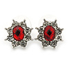 Small Ruby Red, Clear Diamante Stud Earrings In Silver Plating - 15mm In Length