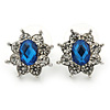 Small Blue, Clear Diamante Stud Earrings In Silver Plating - 15mm In Length