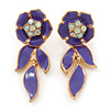 Purple Enamel, AB Crystal Flower Drop Earrings In Gold Plating - 40mm Length