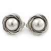 Small Button Shape Pearl Clip On Earrings In Rhodium Plating - 16mm Diameter