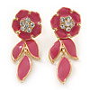 Pink Enamel, Clear Crystal Flower Drop Earrings In Gold Plating - 40mm Length