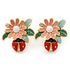 Multicoloured Enamel Flower & Ladybug Stud Earrings In Gold Metal - 23mm Width