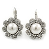 Rhodium Plated Clear Crystal, Glass Pearl 'Daisy' Drop Earrings With Leverback Closure - 30mm Length