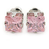 Cz Pink Square Stud Earrings In Silver Tone - 7mm