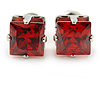 Cz Red Square Stud Earrings In Silver Tone - 7mm