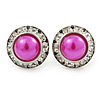 Deep Pink Acrylic Bead, Diamante Button Stud Earrings In Silver Tone - 15mm Diameter
