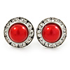 Red Acrylic Bead, Diamante Button Stud Earrings In Silver Tone - 15mm Diameter