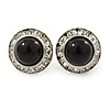 Black Acrylic Bead, Diamante Button Stud Earrings In Silver Tone - 15mm Diameter