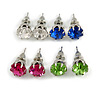 8mm Set Of 4 Round Jewelled Stud Earrings In Silver Tone Blue/ Magenta/ Green/ Clear