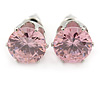 Pink CZ Round Cut Stud Earrings In Rhodium Plating - 8mm
