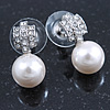 Bridal/ Prom/ Wedding Diamante 10mm White, Faux Pearl Stud Earrings In Rhodium Plating - 20mm L