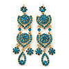 Divine Extravagance Teal Austrian Crystal Chandelier Earrings In Gold Tone - 80mm L